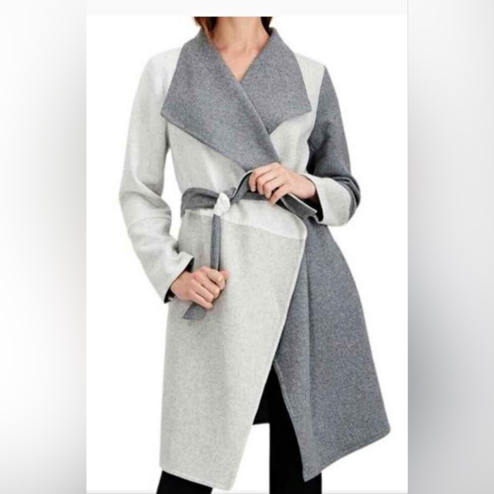 Alfani Wool Blend Colorblocked Wrap Coat - L/XL, Gray